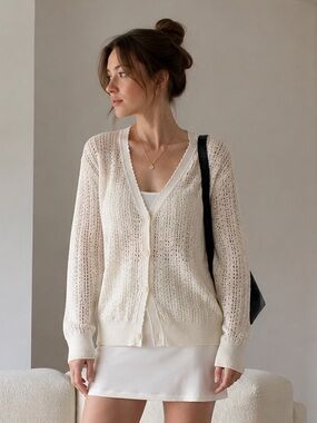 Aritzia Wilfred Reverence Cotton Pointelle Cardigan Ivory Medium Knit Balletcore